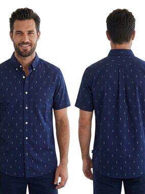 Izod Men Shirt Large Blue Nautical Anchor Print Navy Blue Short Sleeve Button Up